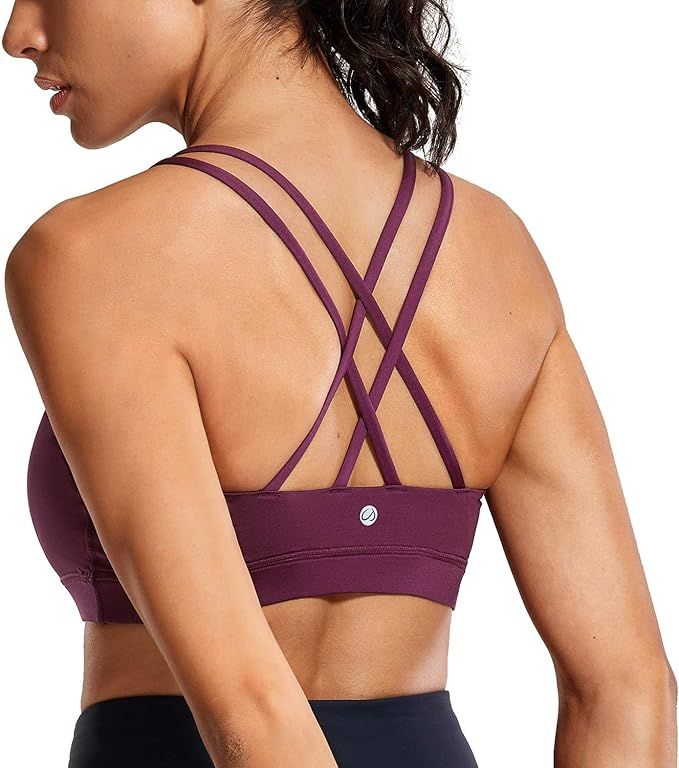 CRZ YOGA Women's Strappy Sports Bras - Faux Leather - Fitness Workout Yoga Bra | Amazon (US)