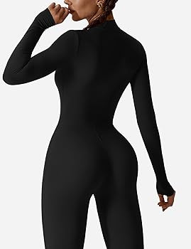 YEOREO Women Long Sleeve Workout Jumpsuit Zip Up Romper Bottom Pants Bodysuit Bodycon Sexy One Pi... | Amazon (US)