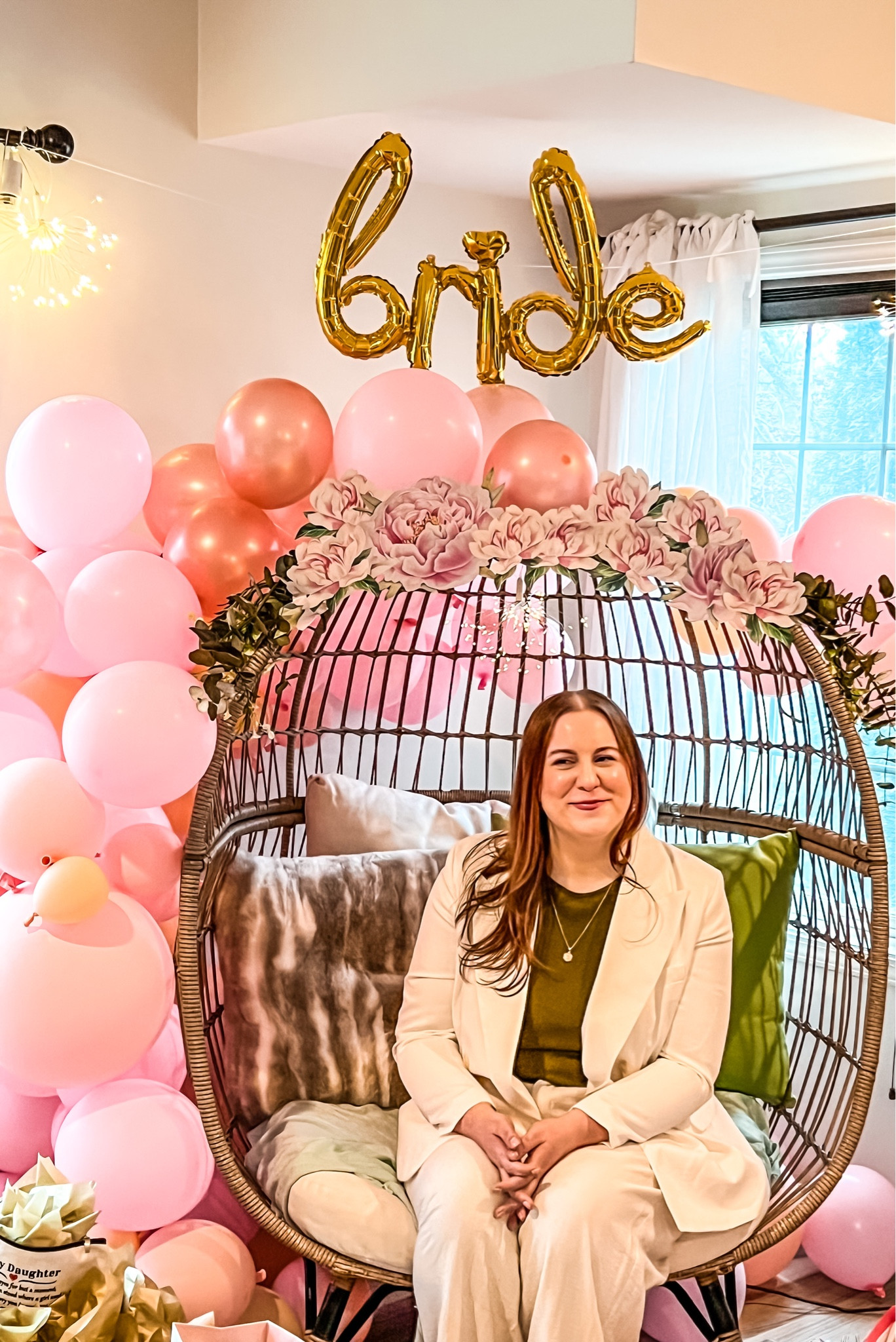 At home bridal shower
- indoor / outdoor egg chair (bride chair to open presents 💕)
- faux fur 22” pillow cover
- large floral wall decals 
- eucalyptus garland / greenery 
- balloon decorations 
#ltkunder100 #ltkunder50 #ltkfind

#LTKwedding #LTKhome #LTKfamily