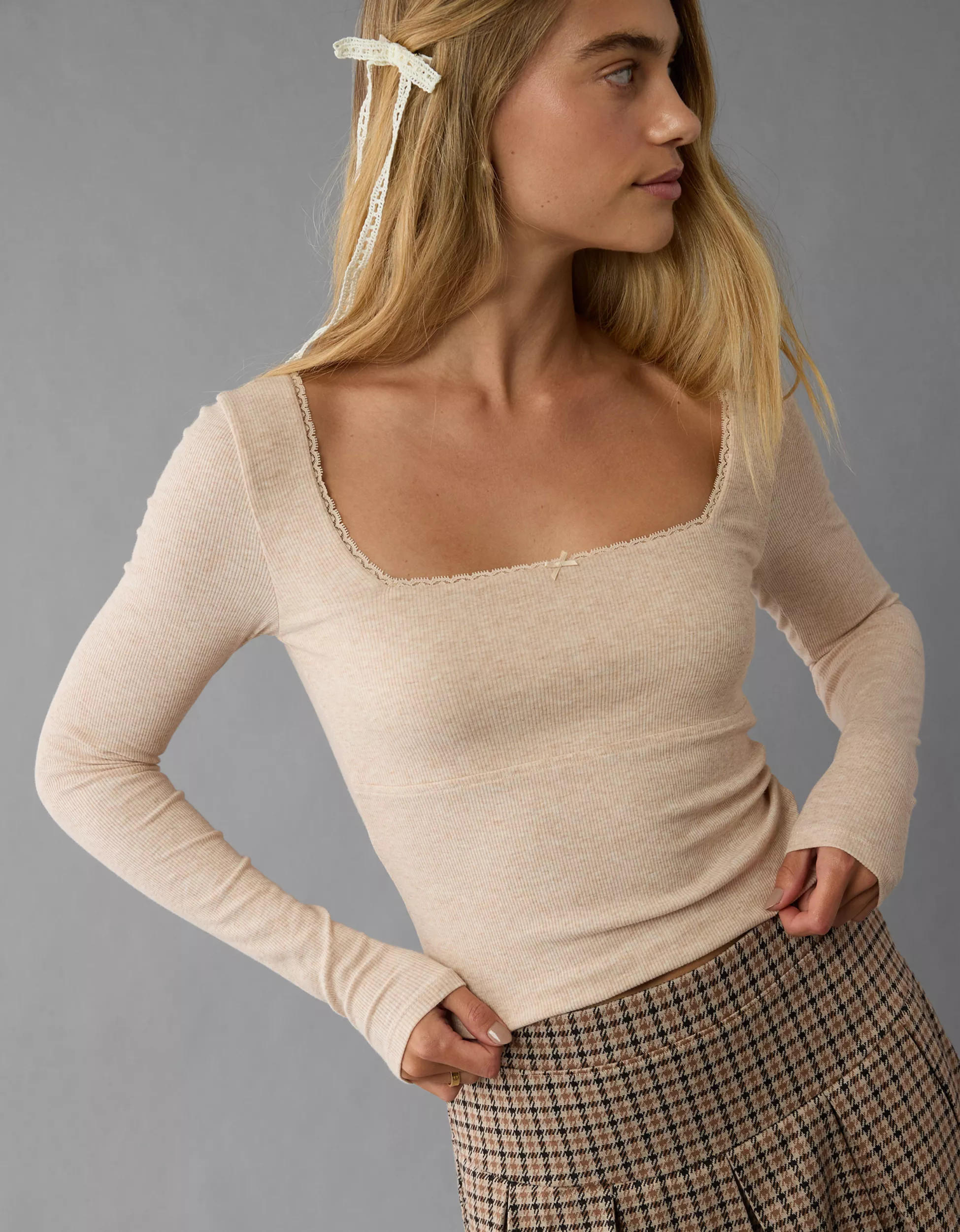 AE Square Neck Lace Long-Sleeve T-Shirt | American Eagle Outfitters (US & CA)