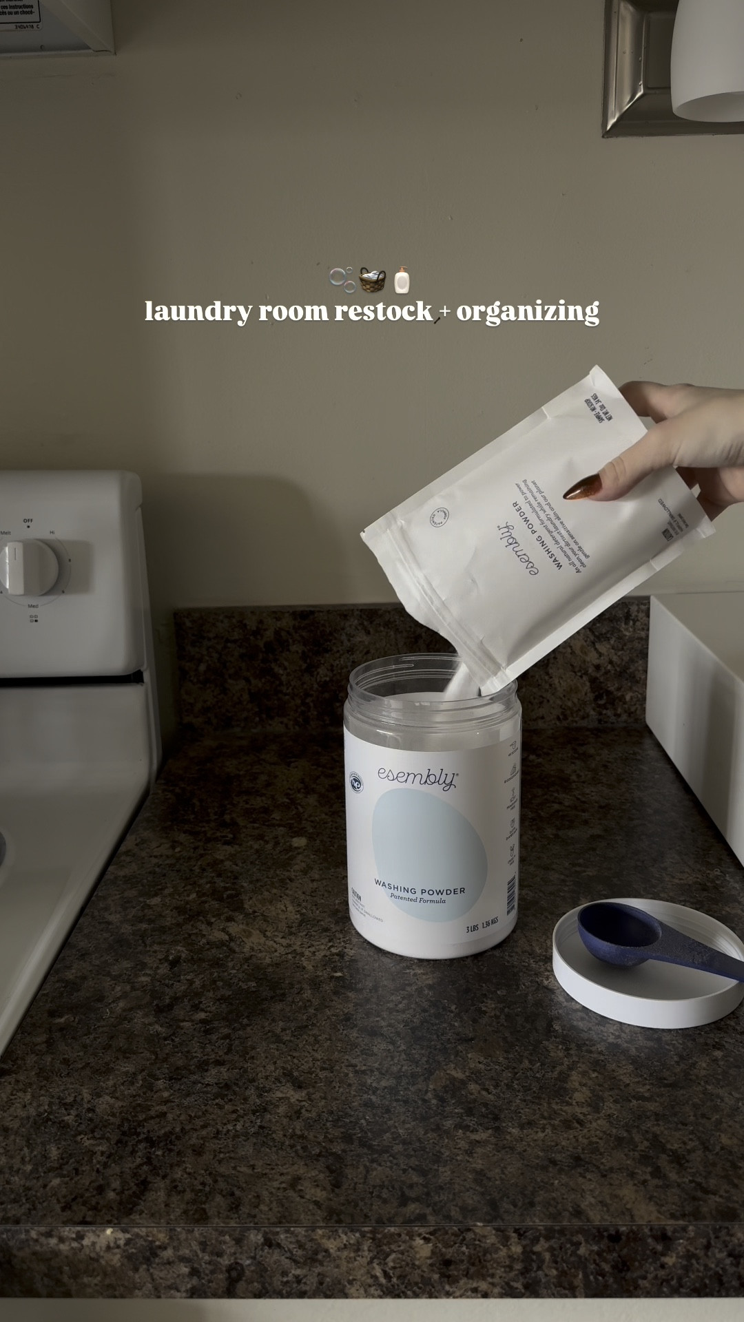 laundry room restock + organizing 🫧🧺 we switched to Esembly washing powder a few months back + this is our very first refill bag, and I love knowing we’re doing our part for the planet and keeping our clothes fresh and clean. ♻️ 

I’ve got all the laundry essentials in one cozy, organized spot—because a tidy space makes chore day slightly less daunting, right?🙈

✨ use my code OXMXBB to save on Esembly home and baby products!

have you made any sustainable swaps in your home yet? let me know below! 💬

#esemblyhome #LaundryRoomGoals #SustainableLiving #HomeOrganization #LaundryDay #restockasmr 

#LTKHome #LTKWatchNow #LTKSaleAlert