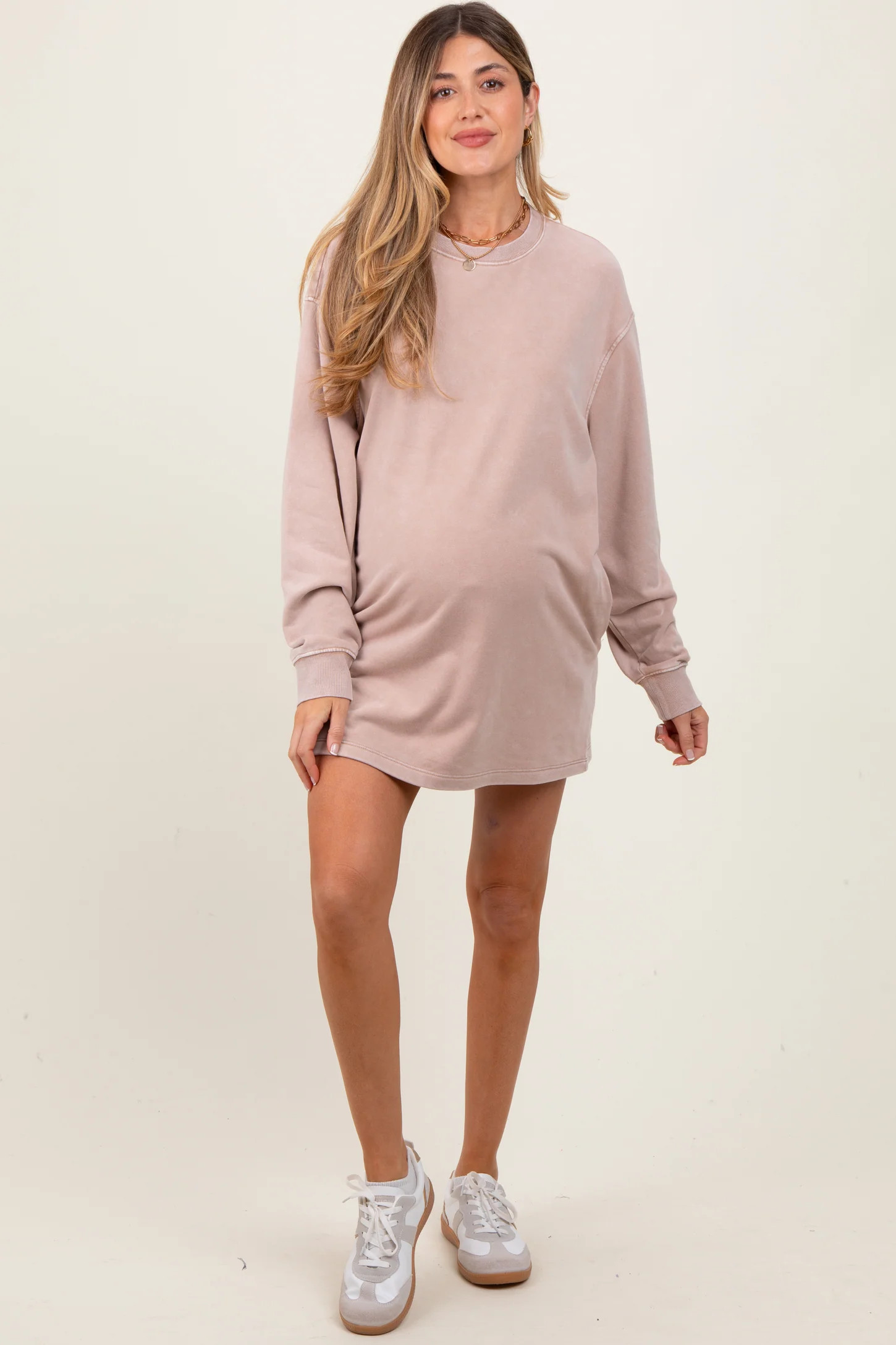 Taupe Long Sleeve Oversized Sweatshirt Maternity Mini Dress | PinkBlush Maternity
