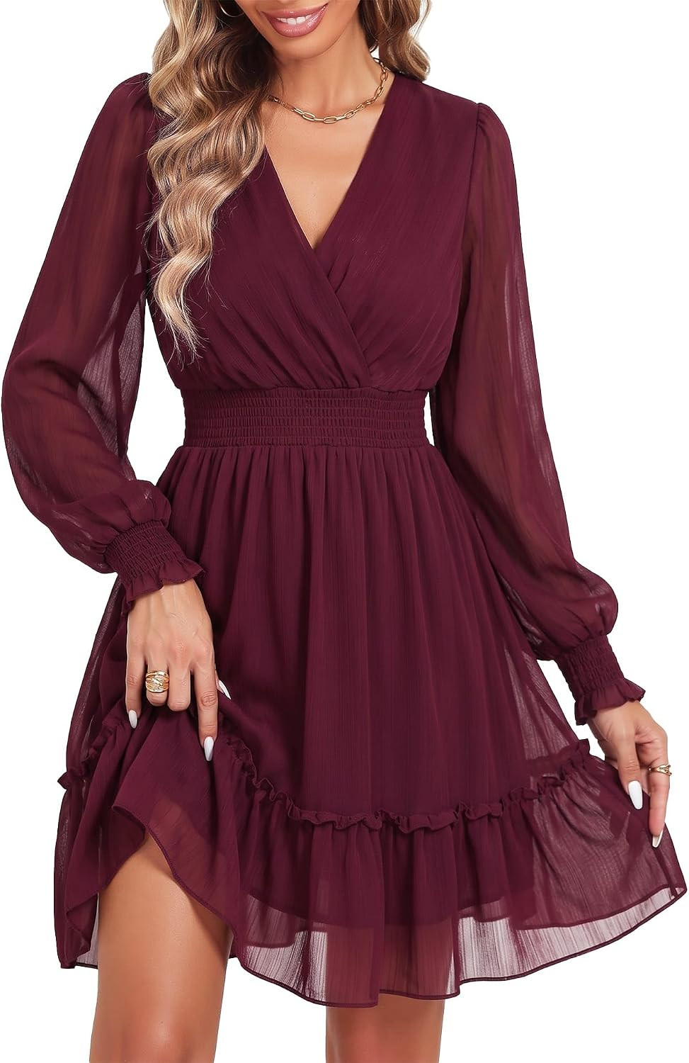 Prettywear Women's Chiffon Long Sleeve Wrap Neck Wedding Guest Mini Dress | Amazon (US)