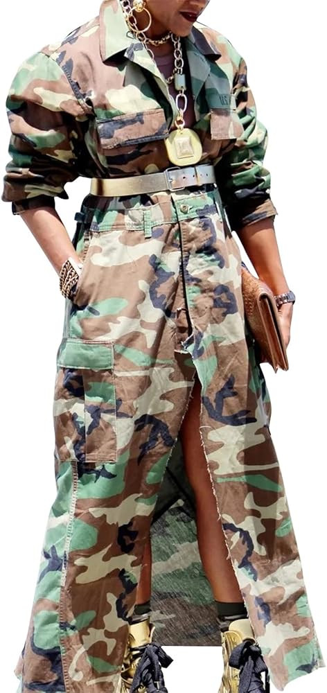 Recious Womens Sexy Lapel Long Sleeve Camouflage Printing Button Long Jacket Coat Windbreaker Tre... | Amazon (US)