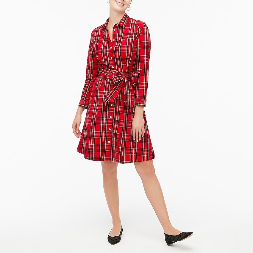 Long-sleeve tie-waist shirtdress in tartan | J.Crew Factory