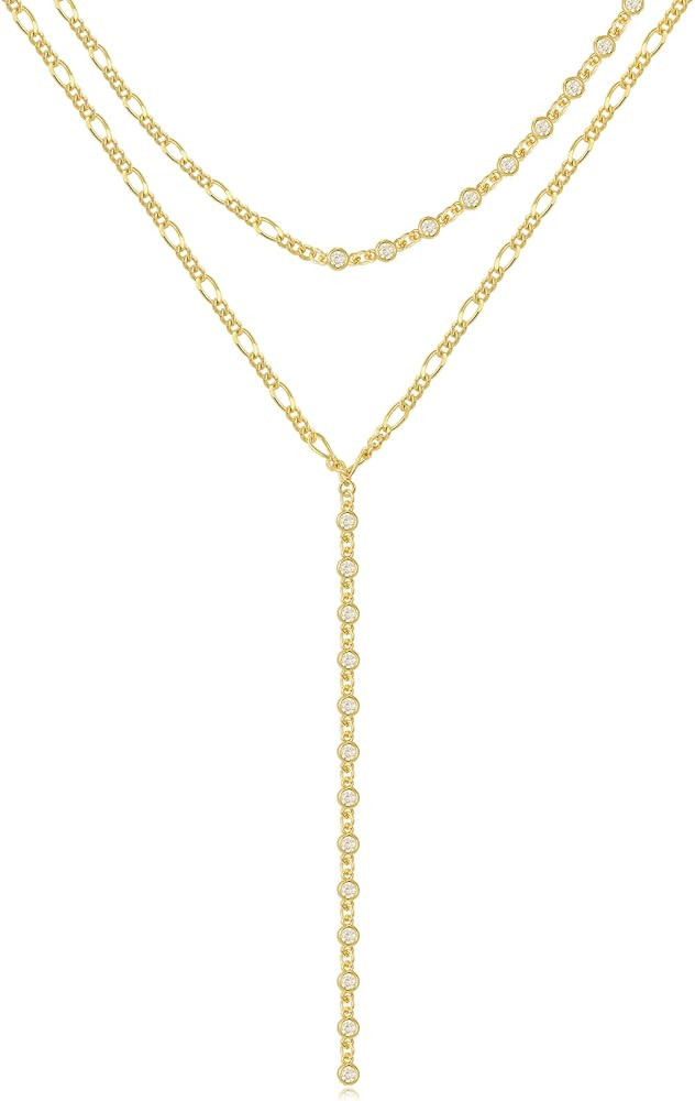 KissYan Gold Lariat Necklace for Women, Dainty 14K Gold Plated Y Shaped Cuban Chain Layered Long ... | Amazon (US)