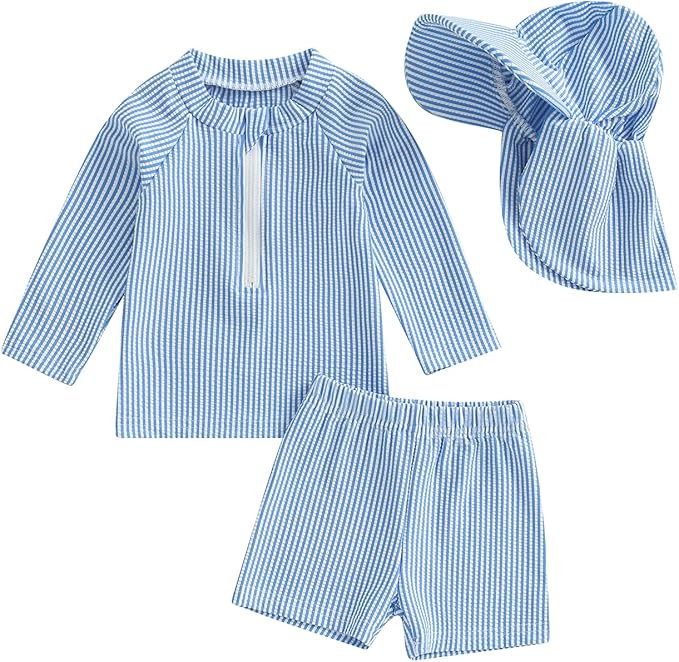Toddler Baby Boys Seersucker Long Sleeve Swimsuit Trunks Bathing Suit Swimwear with Hat 3Pcs Rash... | Amazon (US)