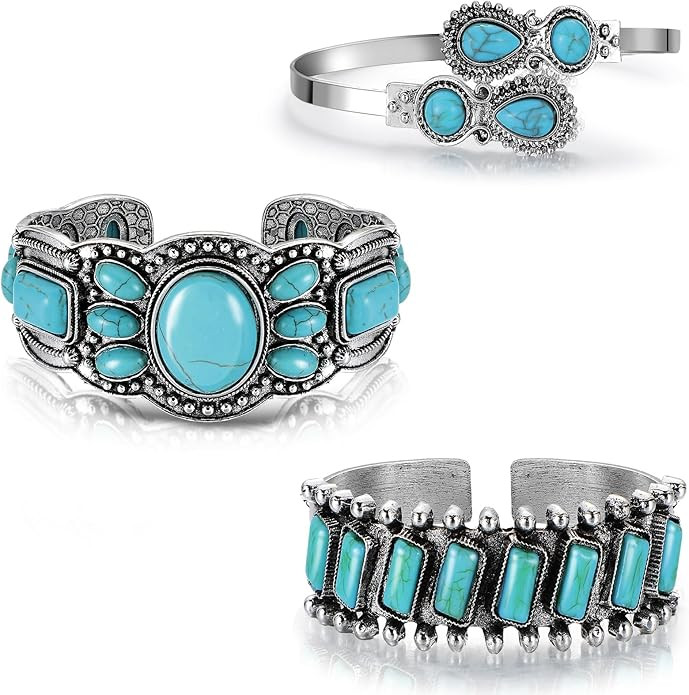 Highergo 3 Pcs Turquoise Bracelet for Women Bohemian Bracelet Western Bracelets Silver Cuff Bangl... | Amazon (US)