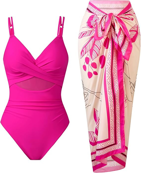 Women’s One Piece Mesh Swimsuit Tummy Control Slimming Bathing Suit with Wrap Skirt Cover Up Se... | Amazon (US)