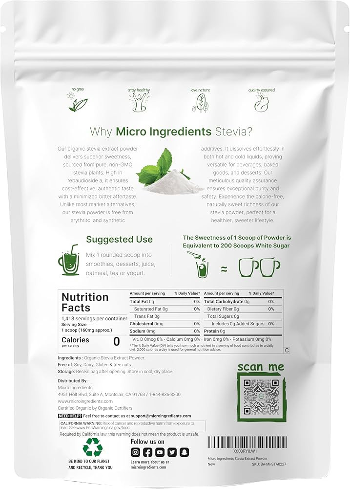Micro Ingredients Pure Organic Stevia Powder, 8 Ounces, 1418 Serving, Highest Grade Stevia Green ... | Amazon (US)