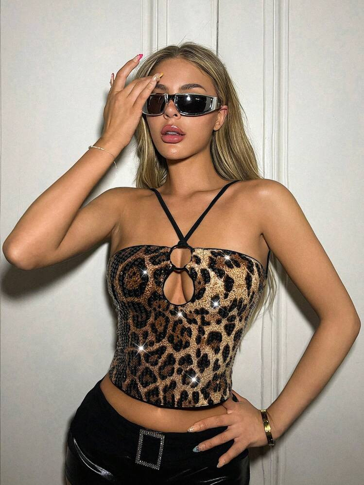 SHEIN ICON Cheetah Print Bodycon Leopard Pattern Beaded Sparkly Fabric Open Back Tie Strap Women's Tank Top | SHEIN