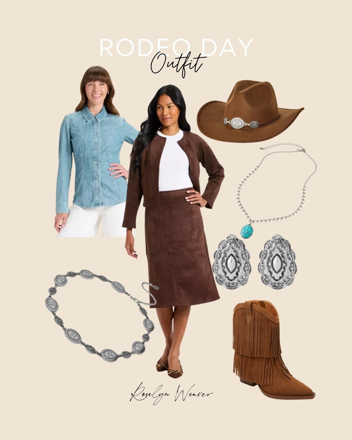 Brown suede outfit for the Rodeo 

Suede midi skirt, denim button down, suede western fringe boots, silver concha belt, western outfit 

#LTKSaleAlert #LTKOver40 #LTKootd