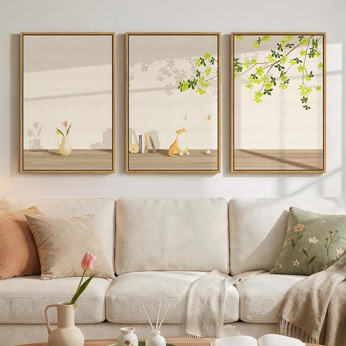 Framed Modern Neutral Wall Art for Living Room, 3 Piece Nature Summer Cozy Canvas Prints Painting... | Amazon (US)