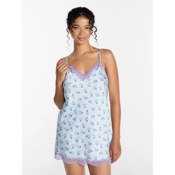Joyspun Women's Lace Trim Stretch Satin Chemise, Sizes S-3X | Walmart (US)