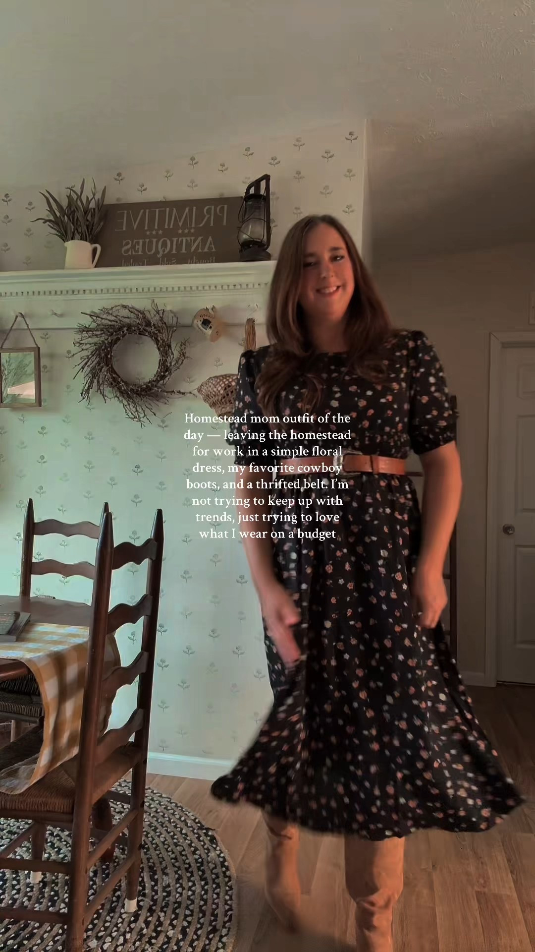 Homestead mom outfit of the day — leaving the homestead for work in a simple floral dress, my favorite cowboy boots, and a thrifted belt. I’m not trying to keep up with trends, just trying to love what I wear on a budget.
#midsizefashion #plussizefashion #homesteadlife #budgetfashion

#LTKMidsize