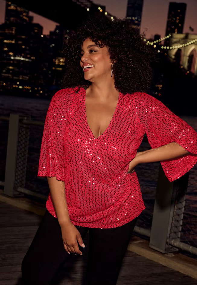 Faux Wrap Sequin Top | Avenue