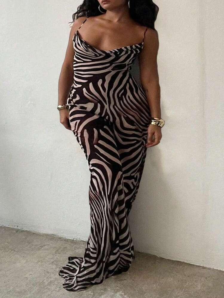 Sexy Elegant Draped Neck Slim Fit Leopard Print Maxi Dress, Chic Elegant, Suitable For Vacation And Daily Wear Party Summer | SHEIN