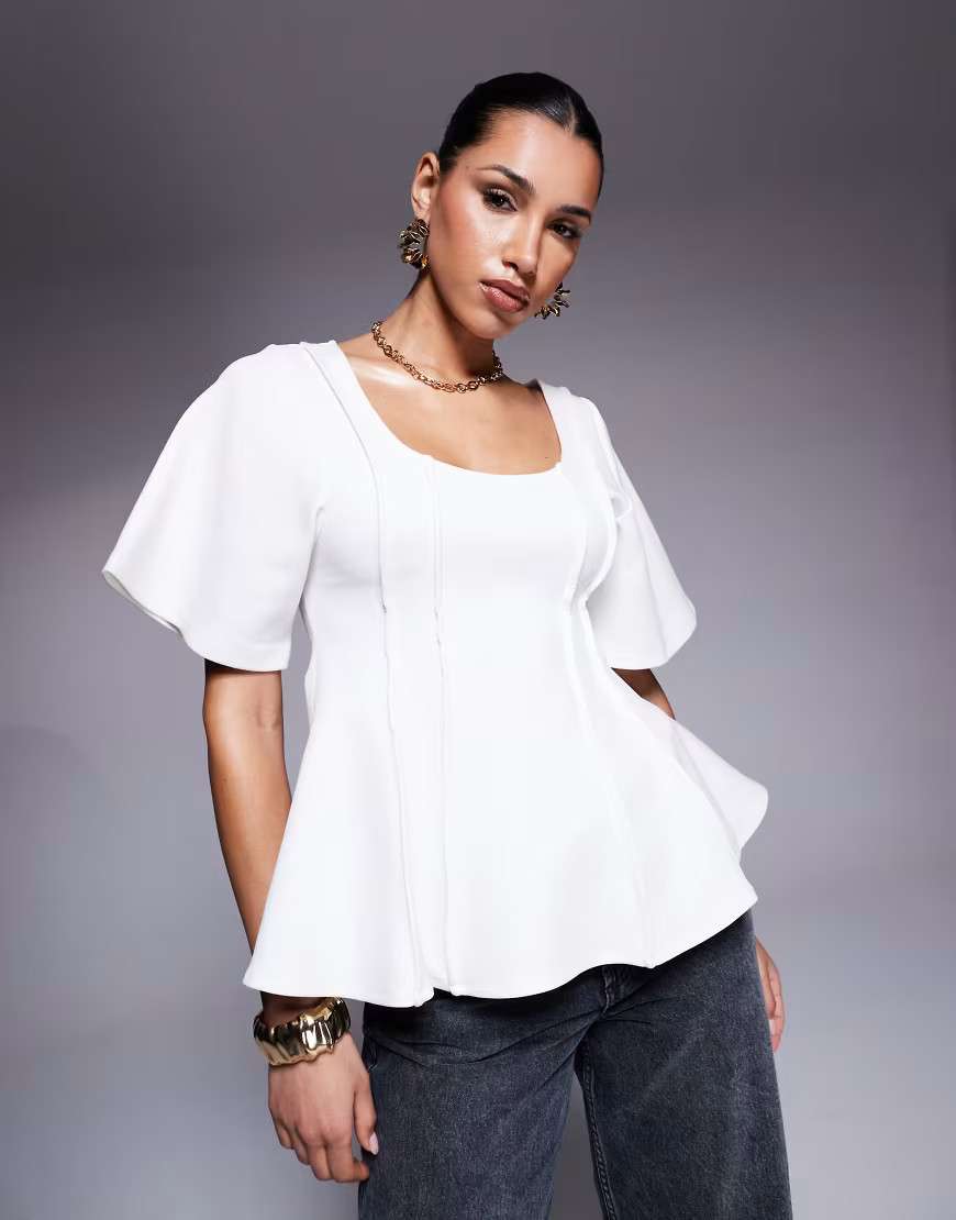 ASOS DESIGN exposed seam peplum short sleeve top-White | ASOS (Global)