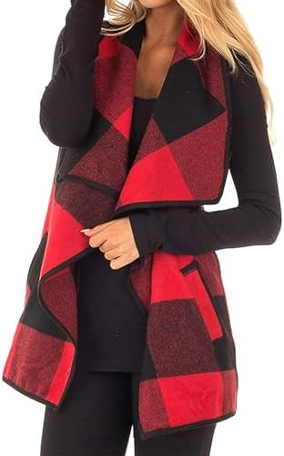 Women Buffalo Plaid Vest Casual Lapel Open Front Sleeveless Cardigan Jacket Coat with Pockets S-3... | Amazon (US)