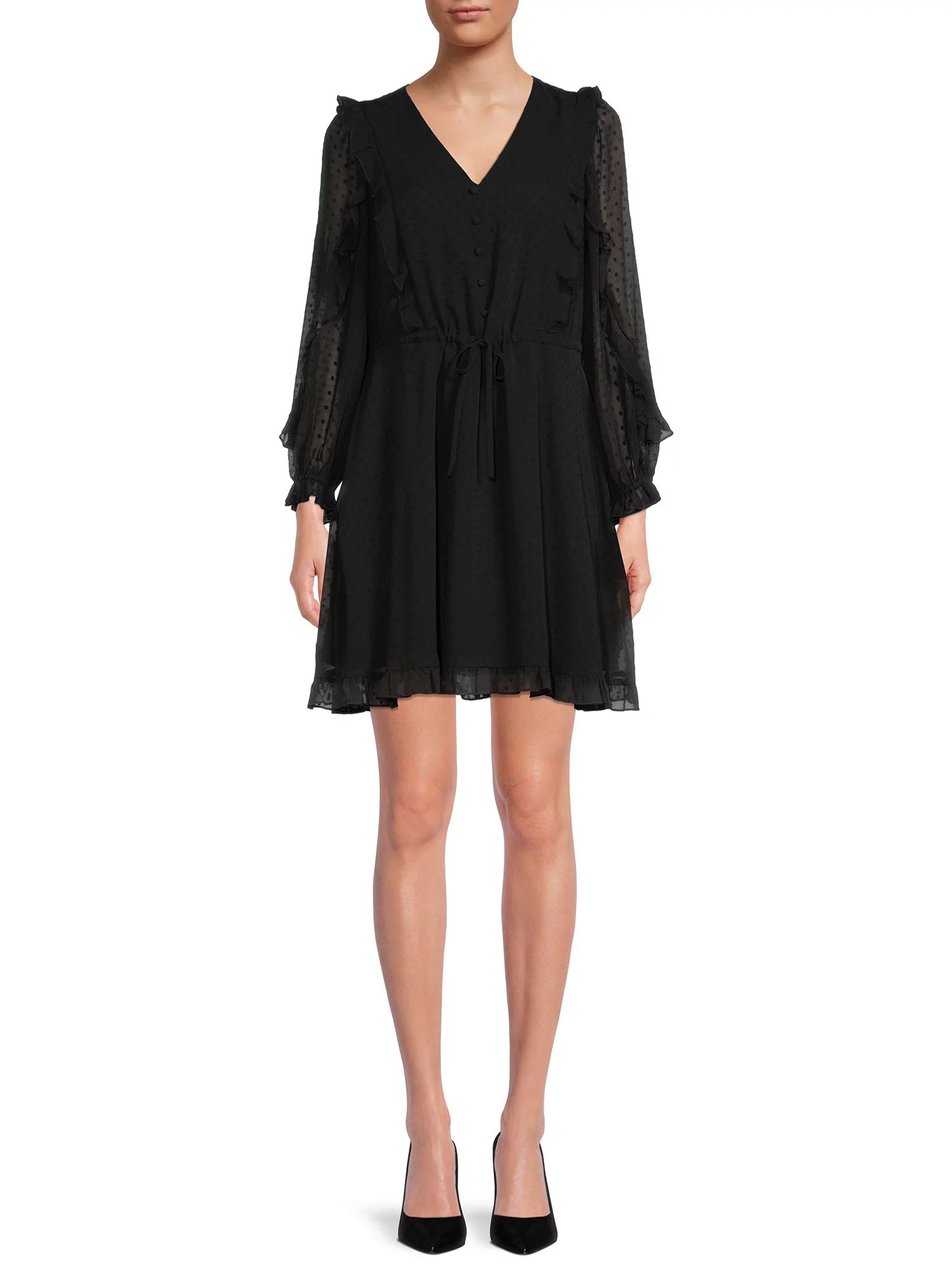 Time and Tru Women's Long Sleeve V-Neck Ruffle Dress | Walmart (US)