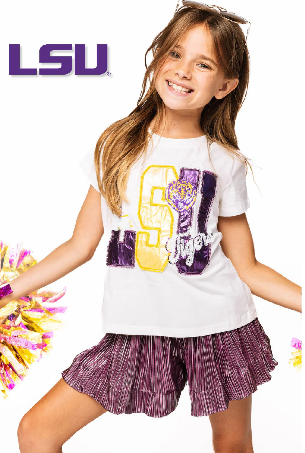 Licensed Kids LSU Metallic Word With Icons Tee | Queen of Sparkles