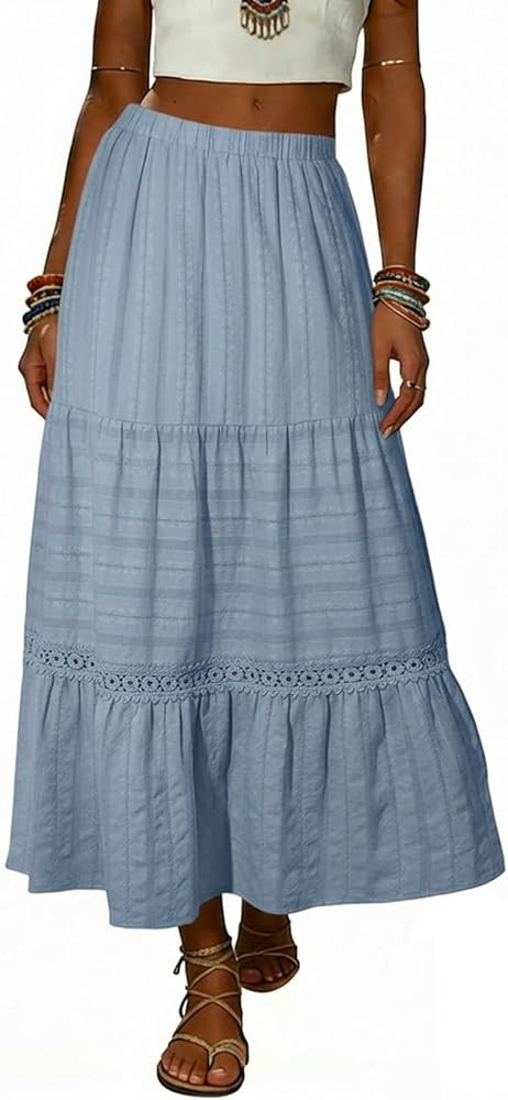 BLENCOT Long Skirts for Women Boho Crochet Lace High Waisted A-Line Cotton Tiered Maxi Skirt | Amazon (US)
