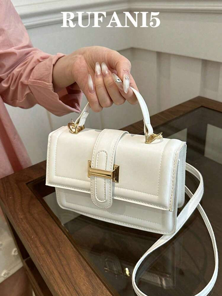 Vintage Solid Color Minimalist Metal Lock Square Shoulder Crossbody Bag With Mini Handbag, Suitab... | SHEIN