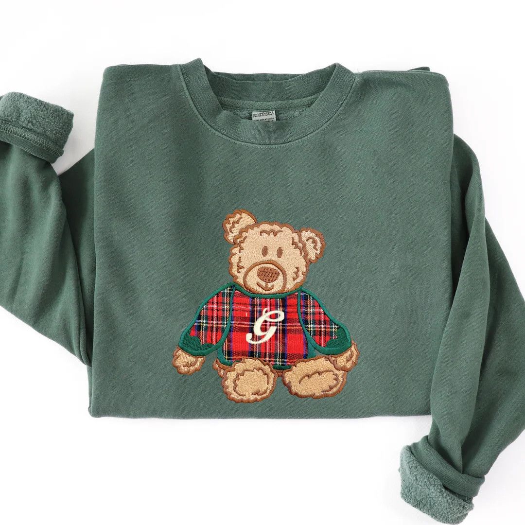 Initialed ‘Classic Christmas Teddy’ Plaid Embroidery Cozy Crew | United Monograms