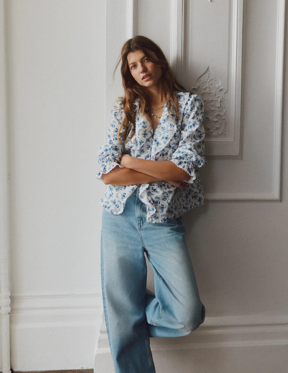 Eliza Ruffle V-Neck Blouse-Blue Floral | Boden UK