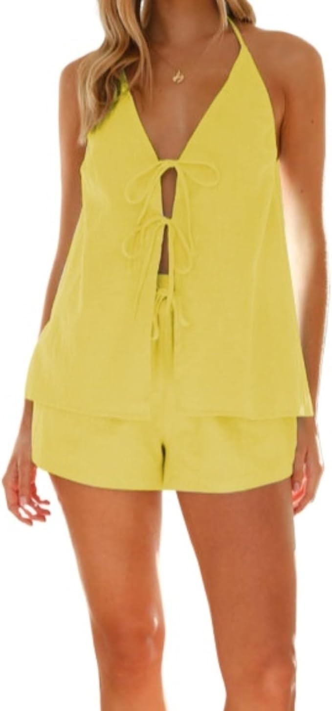 Linen Set for Women - 2 Piece Suits Set Linen Tie Front Top Linen Vest Women Y2k Backless Tank To... | Amazon (US)