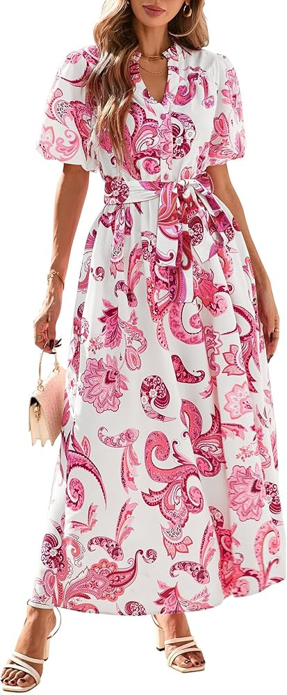 KIRUNDO Women Puff Sleeve Boho Floral Maxi Dress 2025 Spring Summer Button Shirt V Neck Flowy Bel... | Amazon (US)