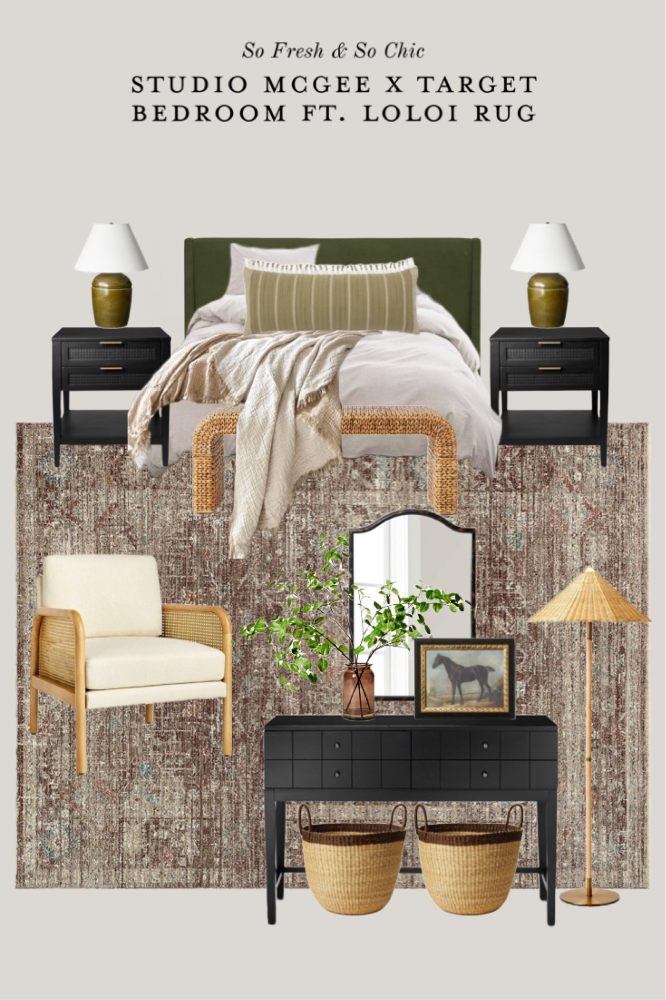 Affordable bedroom with mostly Studio McGee Target pieces! Bedding is Etsy and the rug is Loloi.
-
Main bedroom mood board - bedroom decor - bedroom
Furniture - cane armchair - black wood console table - rattan shade floor lamp - vintage horse art framed - tortoise shell frame mirror - faux arrangement in vase - traditional rug charcoal dove - transitional decor - black nightstands with cane - olive green ceramic table lamp white shade - oversized lumbar pillow with fringe - traditional bedroom - dark neutral bedroom


#LTKunder100 #LTKhome #LTKsalealert