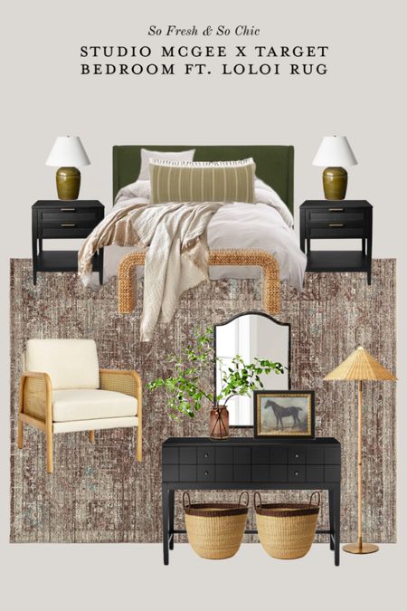 Affordable bedroom with mostly Studio McGee Target pieces! Bedding is Etsy and the rug is Loloi.
-
Main bedroom mood board - bedroom decor - bedroom
Furniture - cane armchair - black wood console table - rattan shade floor lamp - vintage horse art framed - tortoise shell frame mirror - faux arrangement in vase - traditional rug charcoal dove - transitional decor - black nightstands with cane - olive green ceramic table lamp white shade - oversized lumbar pillow with fringe - traditional bedroom - dark neutral bedroom


#LTKunder100 #LTKhome #LTKsalealert