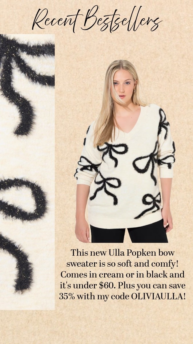 This new Ulla Popken bow sweater is so soft and comfy! Comes in cream or in black and it's under $60. Plus you can save 35% with my code OLIVIAULLA!

#LTKHoliday #LTKPlusSize #LTKFindsUnder100