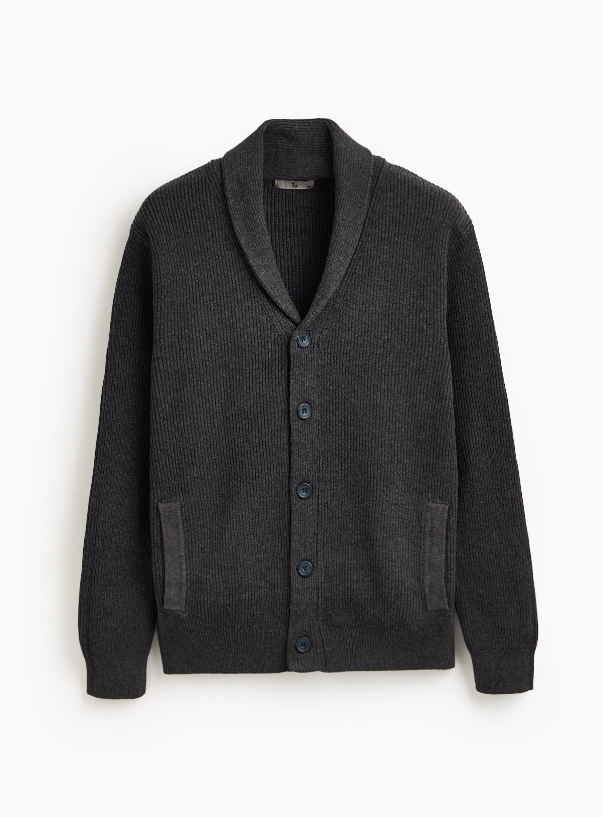 Men's Charcoal Ribbed Shawl Neck Cardigan | Tu Clothing