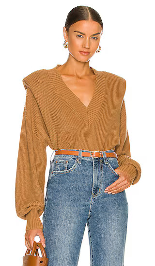 Camille V-Neck Shoulder Pad Sweater in Nutmeg | Revolve Clothing (Global)