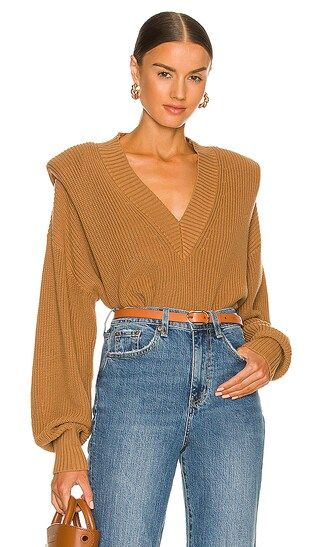 Camille V-Neck Shoulder Pad Sweater in Nutmeg | Revolve Clothing (Global)