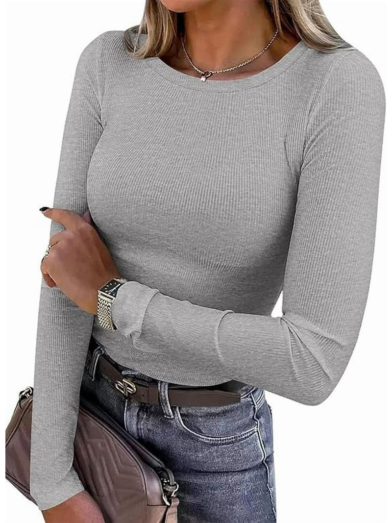PRETTYGARDEN Women Summer Long Sleeve Shirts Ribbed Knit Crewneck Fitted Basic Tee Going Out Tops... | Walmart (US)