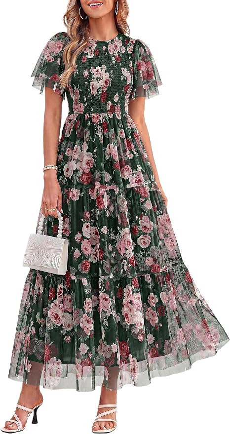 PRETTYGARDEN Women Tulle Floral Flowy Maxi Dress | Amazon (US)