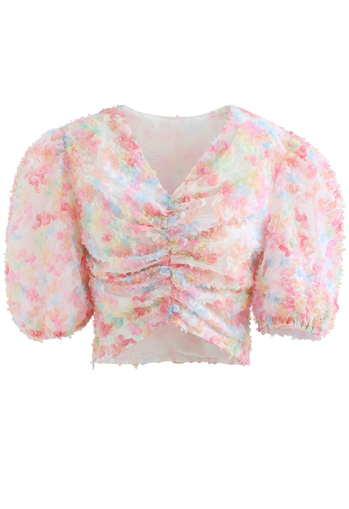 3D Petals Mesh Overlay Crop Top in Pink | Chicwish