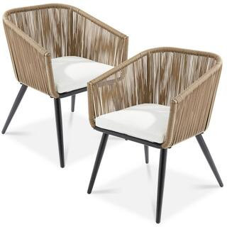 Set of 2 Indoor Outdoor Patio Dining Chairs Woven Wicker Seating Set - Natural/Ivory | The Home Depot
