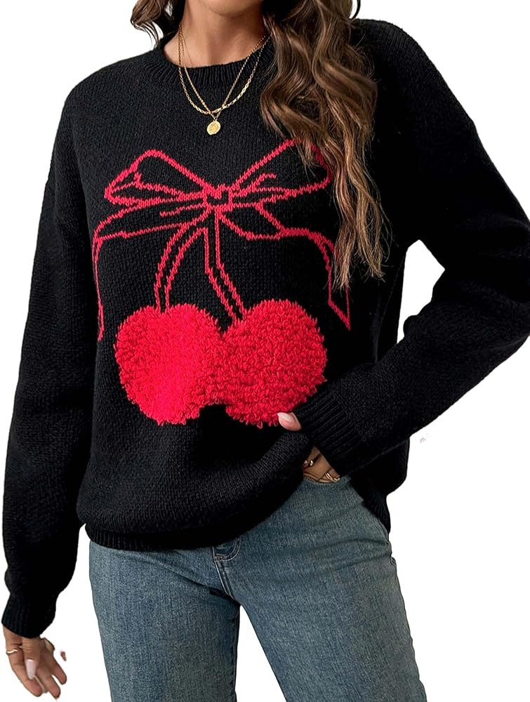 Womens Cute Bow Cherry Long Sleeve Pullover Sweater 2025 Casual Ribbed Knit Crewneck Sweater | Amazon (US)
