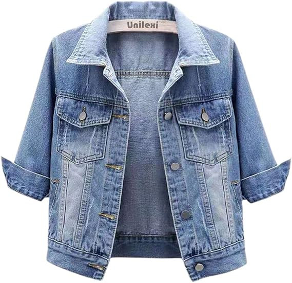 Unilexi Women's 3/4 Sleeve Colored Cropped Denim Jacket Light Wash Short Jean Jacket Trucker Coat | Amazon (US)