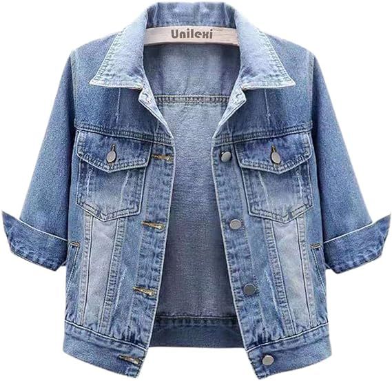 Women's 3/4 Sleeve Colored Cropped Denim Jacket Light Wash Short Jean Jacket Trucker Coat | Amazon (US)