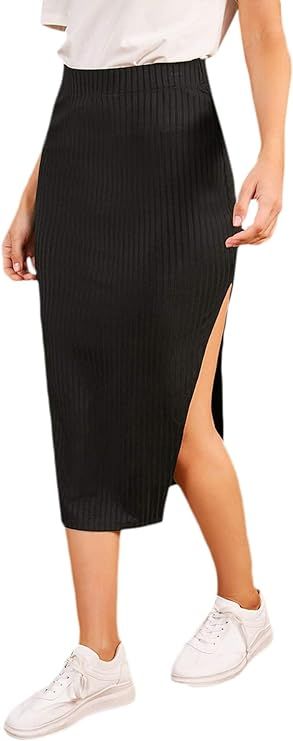 SheIn Women's Casual Rib Knit Split Side Midi Skirt | Amazon (US)