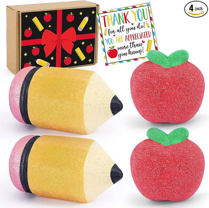 4 Set Teacher Appreciation Bath Bombs Gift Set 2 Apples and 2 Pencils Bubble Bath Bomb for Spa Ba... | Amazon (US)