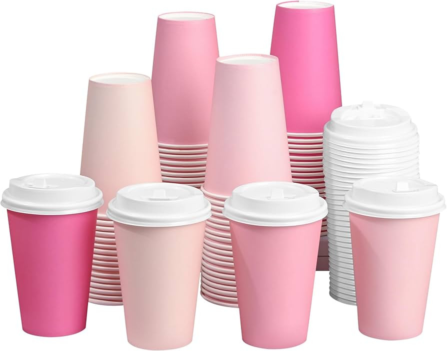 40 Pcs 12 oz Pink Disposable Coffee Cups with Lids Hot Pink Light Pink Gradient Paper Cups for Ho... | Amazon (US)