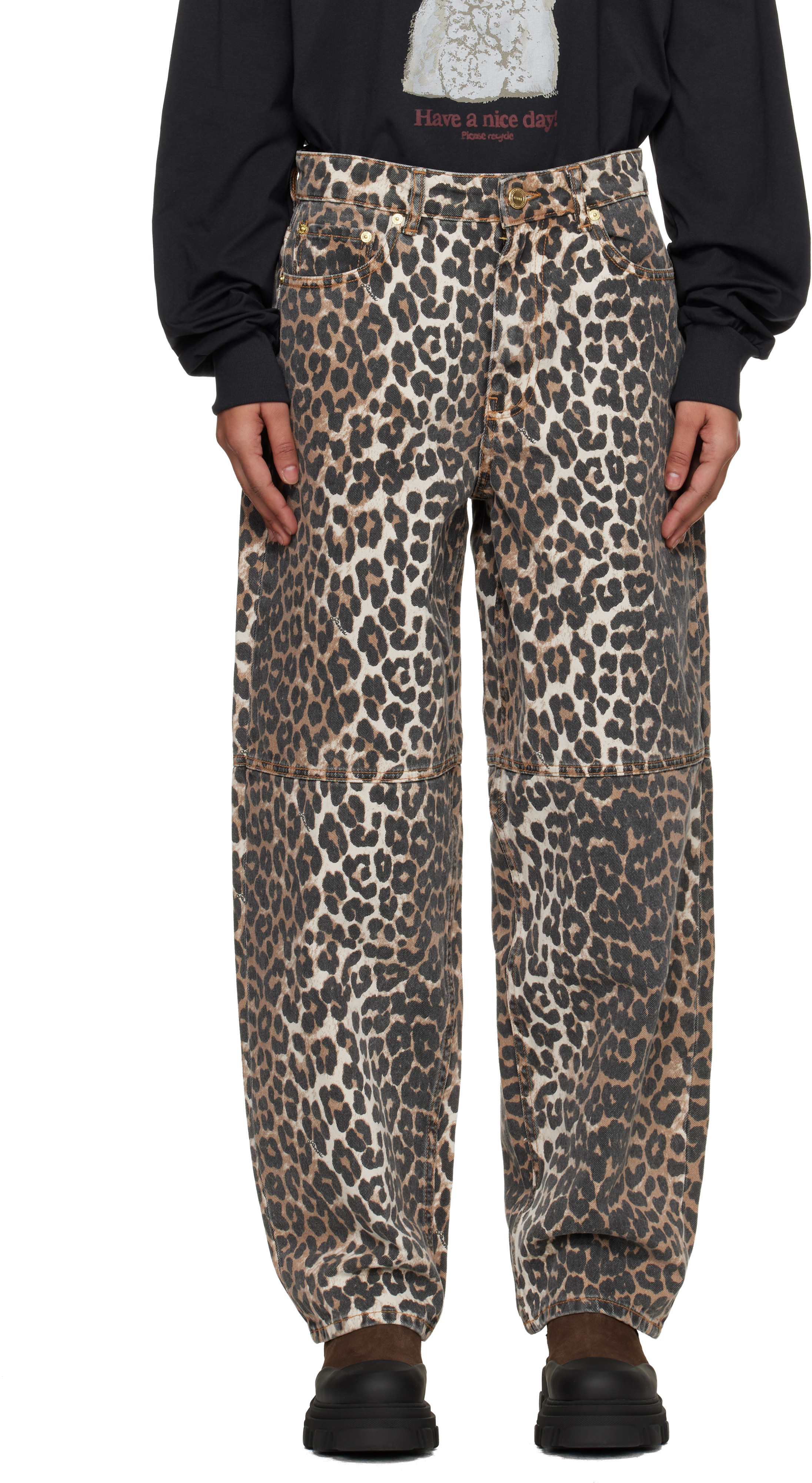 GANNI Beige Leopard Printed Stary Jeans | SSENSE