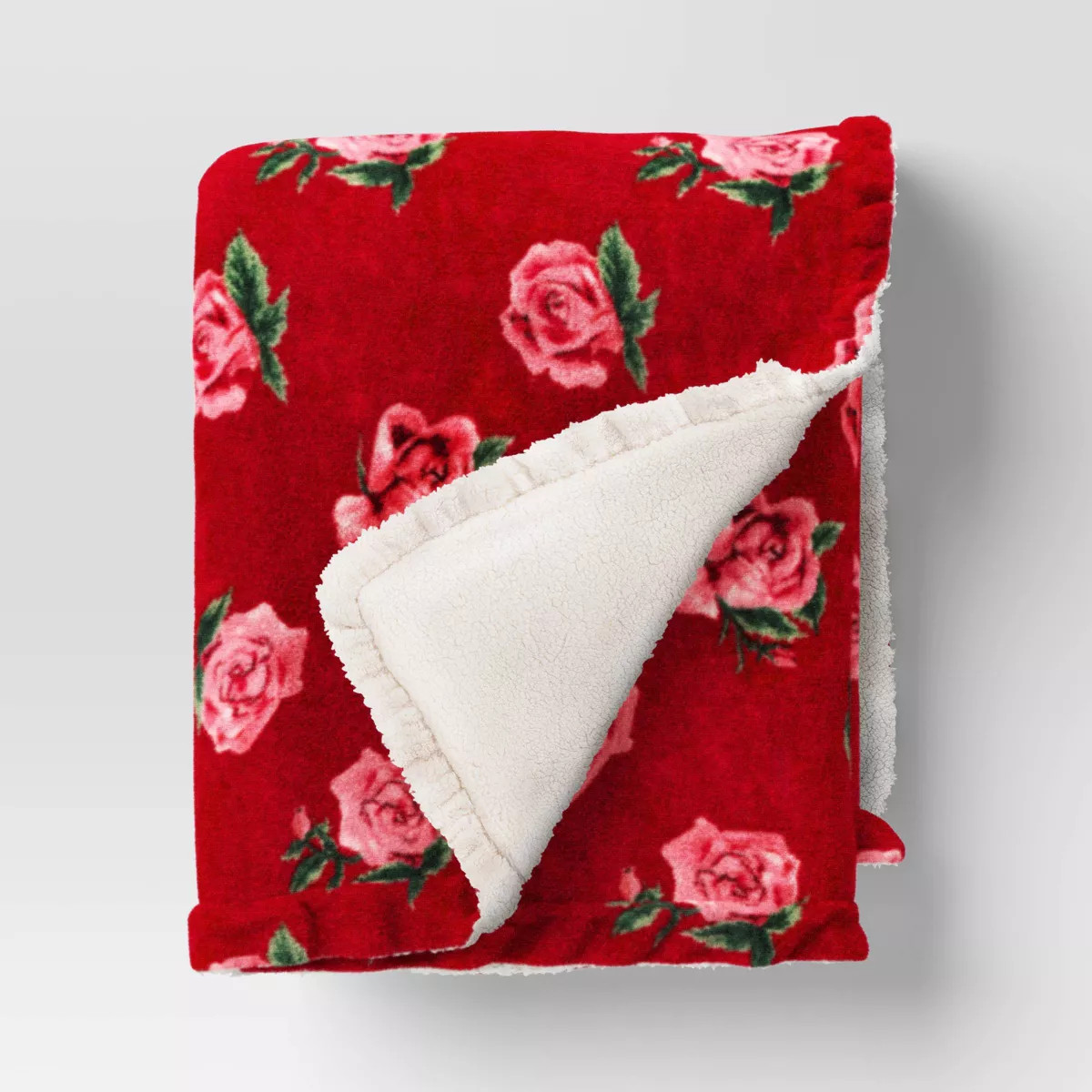 Rose Printed Plush Throw with Faux Shearling Reverse and Ruffled Trim Red - Threshold™ | Target