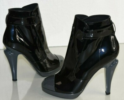 NEW Chanel Black Patent Leather Boots Cap Toe Platform Heels Grey CC Shoes 39.5  | eBay | eBay US